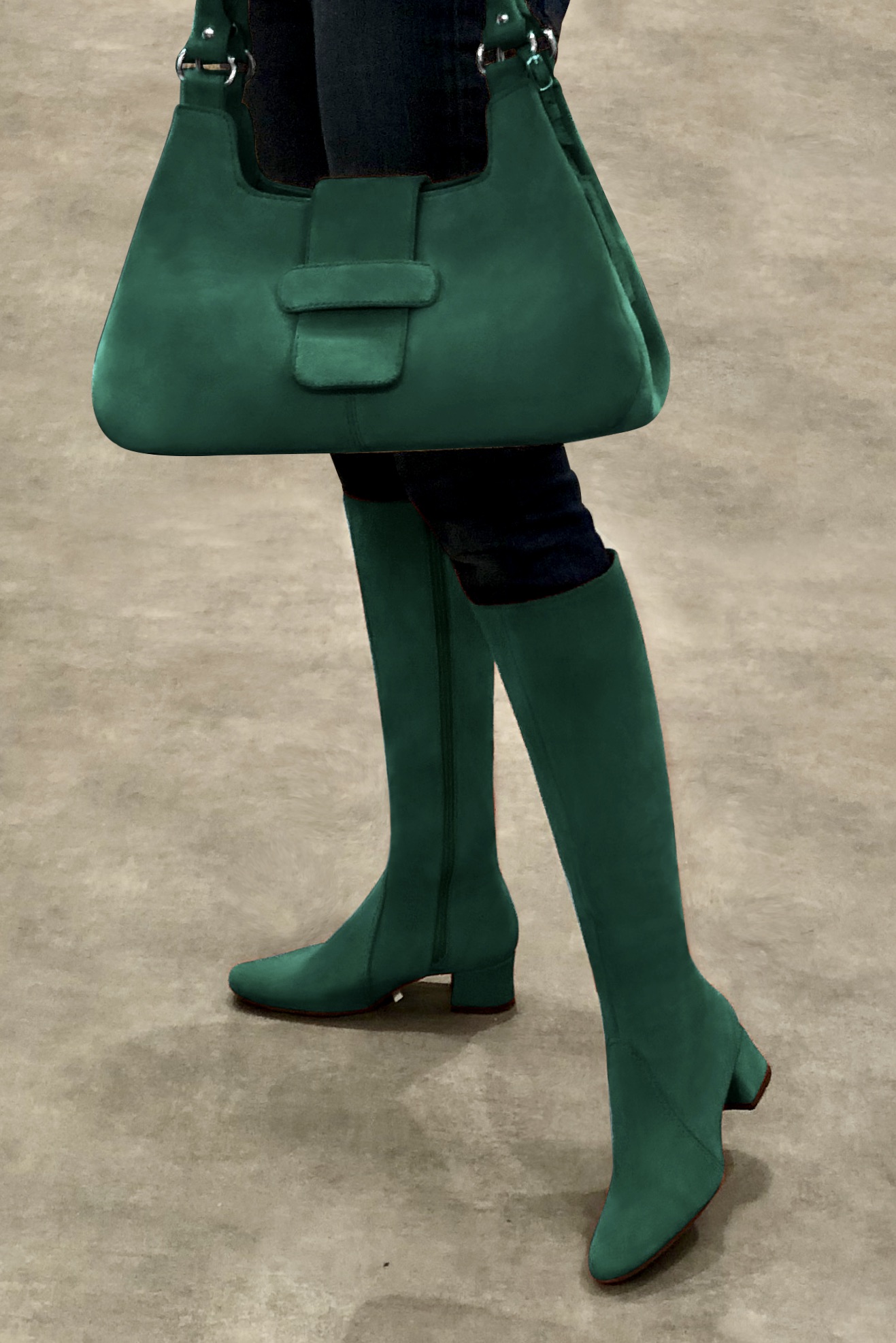 Forest green women's feminine knee-high boots. Round toe. Low flare heels. Made to measure. Worn view - Florence KOOIJMAN